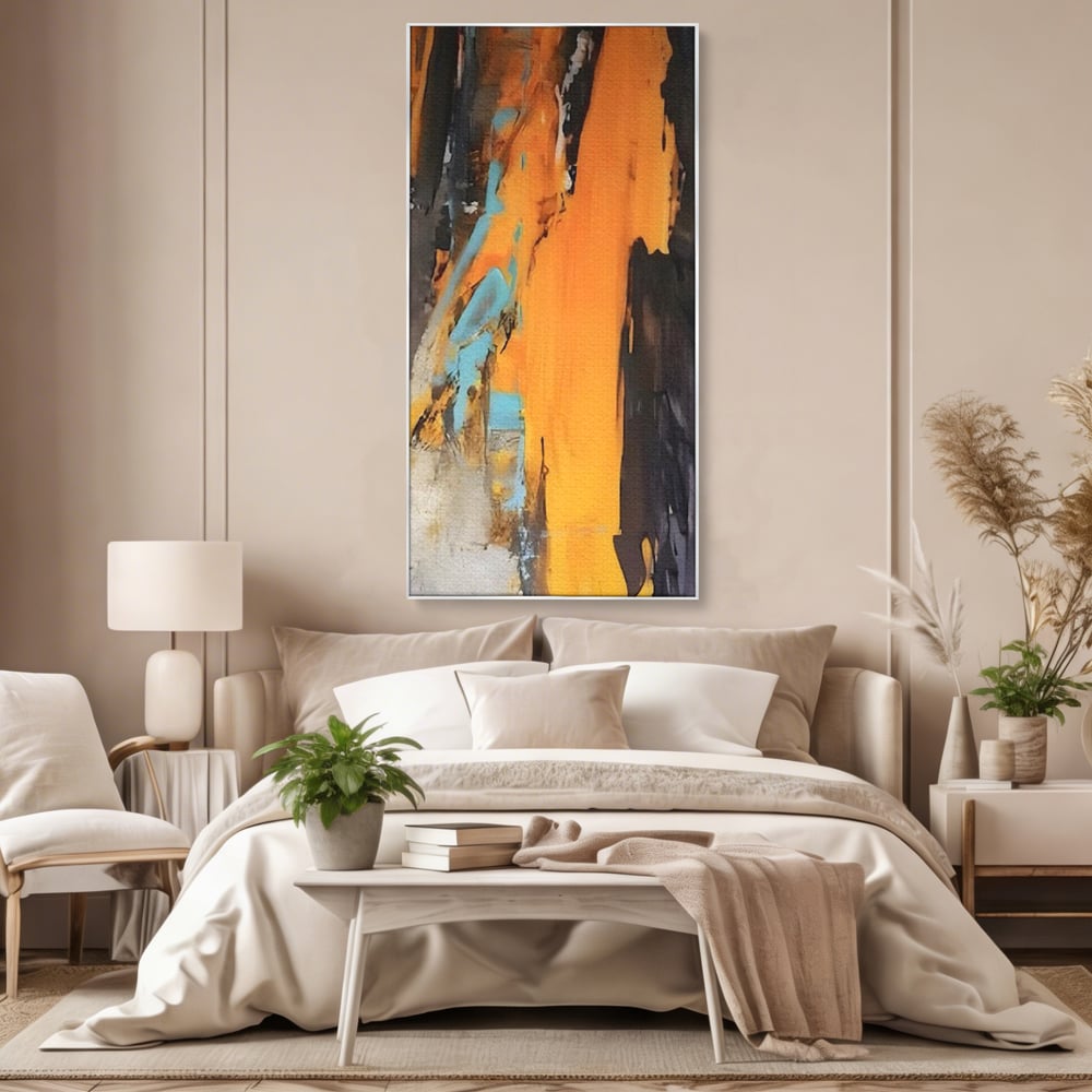 Tablou canvas cu pictura abstracta cu pete portocalii, in rama de aluminiu argintiu, pe perete intr-un dormitor